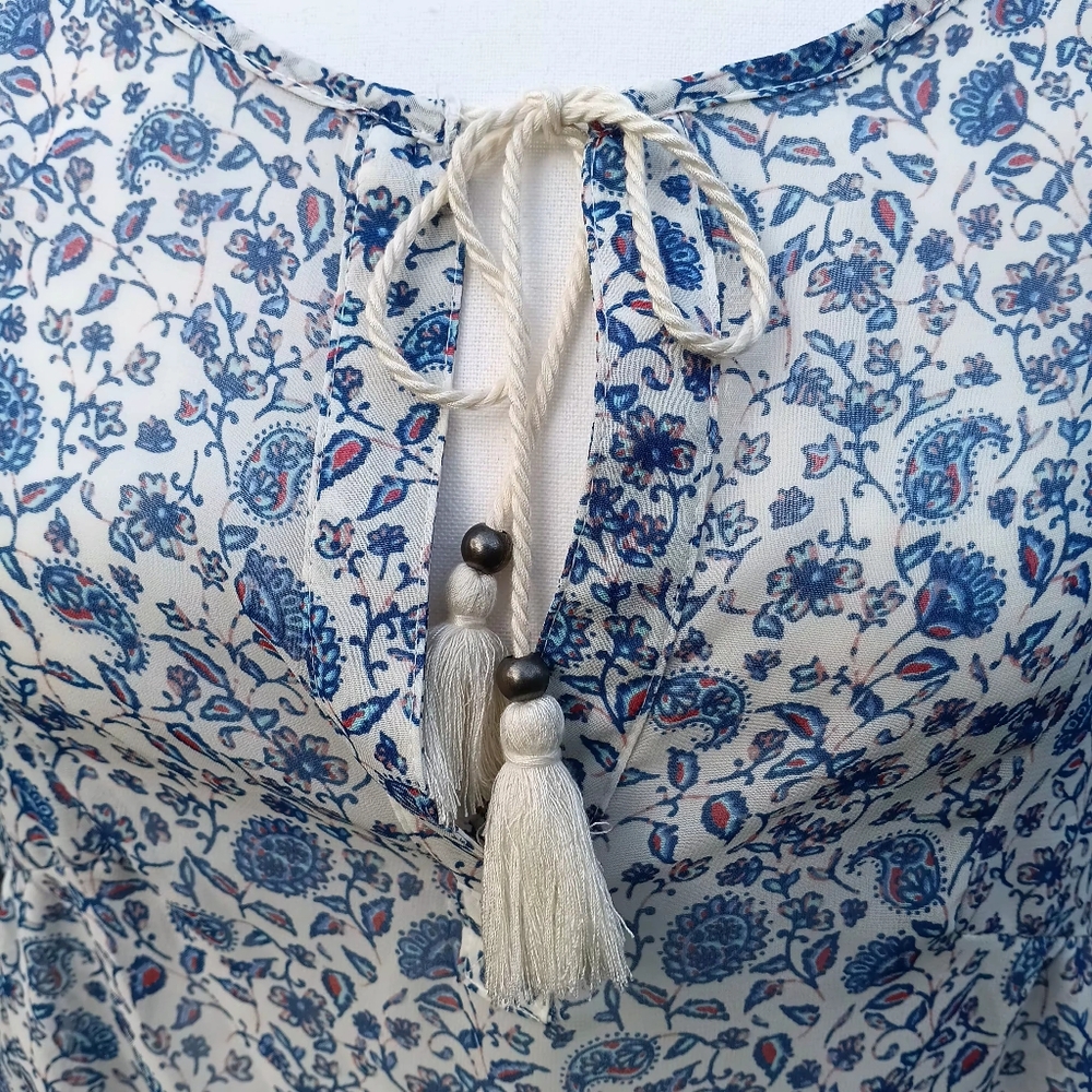 Canyon River Blues Paesant Pre-owned Blue&White Long Sleeve Summer Blouse  Sheer - Picture 2 of 11